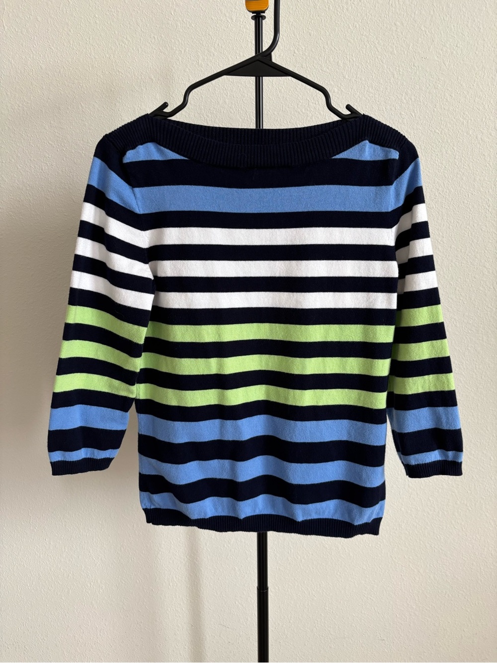 CHAPS Women’s M Striped Knit Sweater Navy Blue Lime Green White 3/4 Sleeve